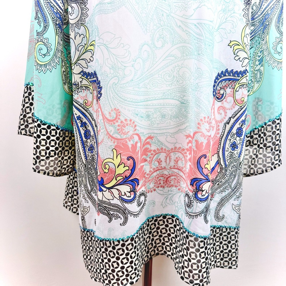 Soft Surroundings Womens S M Sheer Kimono Blue Paisley Sequin Sleeve Boho Duster - Picture 8 of 9